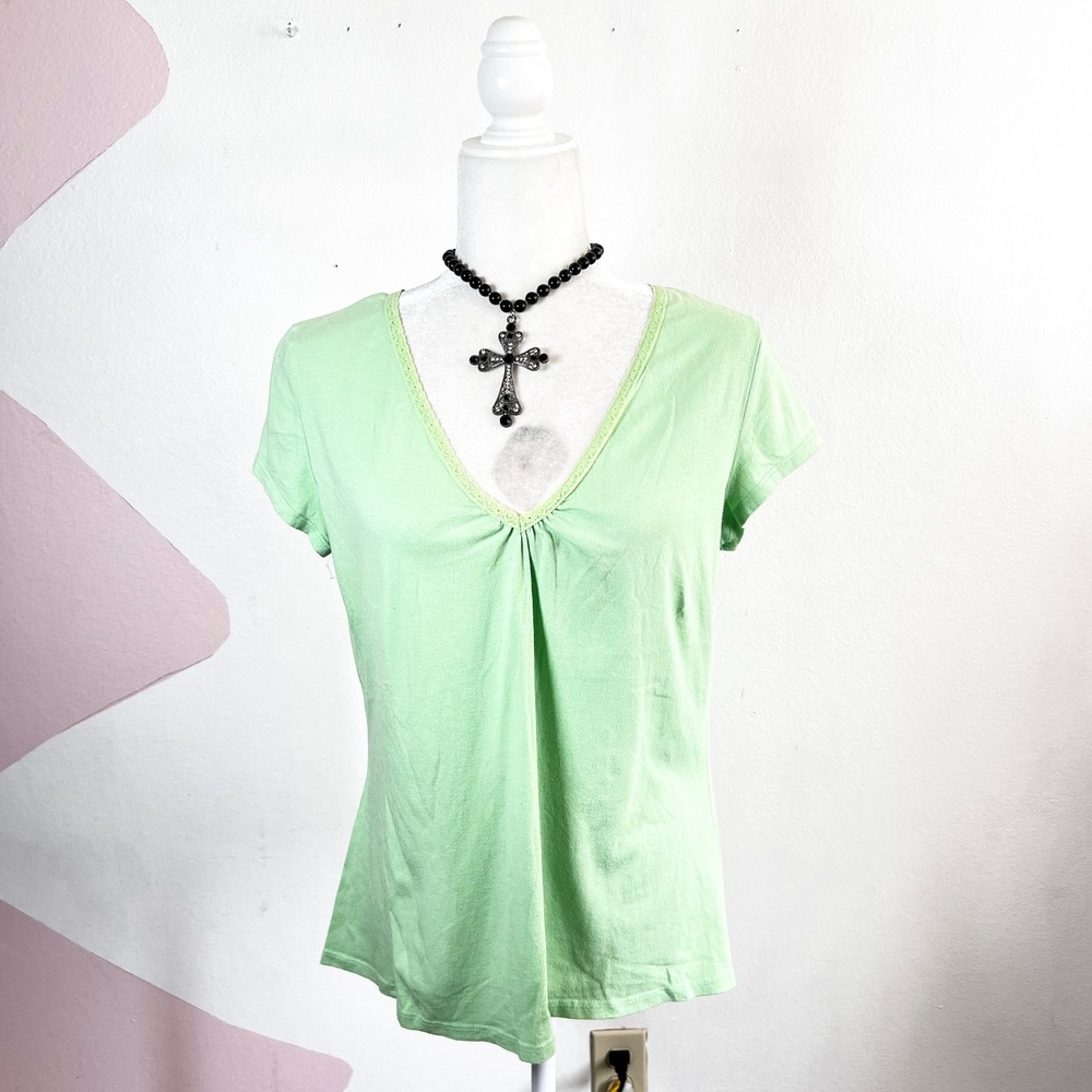 Vintage Y2k 90s Top Sz Large Lime Green Lace Trim Festival Y2K 2000s Fairycore